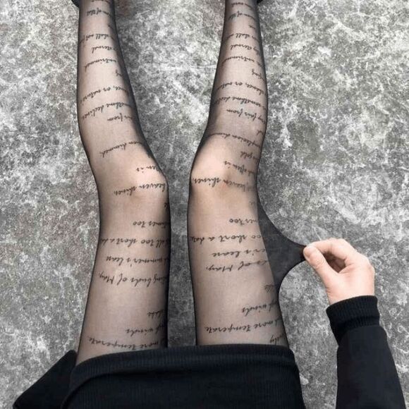 Shakespeare Sonnet Text Printed Tights Black Sheer Nylon Pantyhose Hosiery NEW - Picture 7 of 10